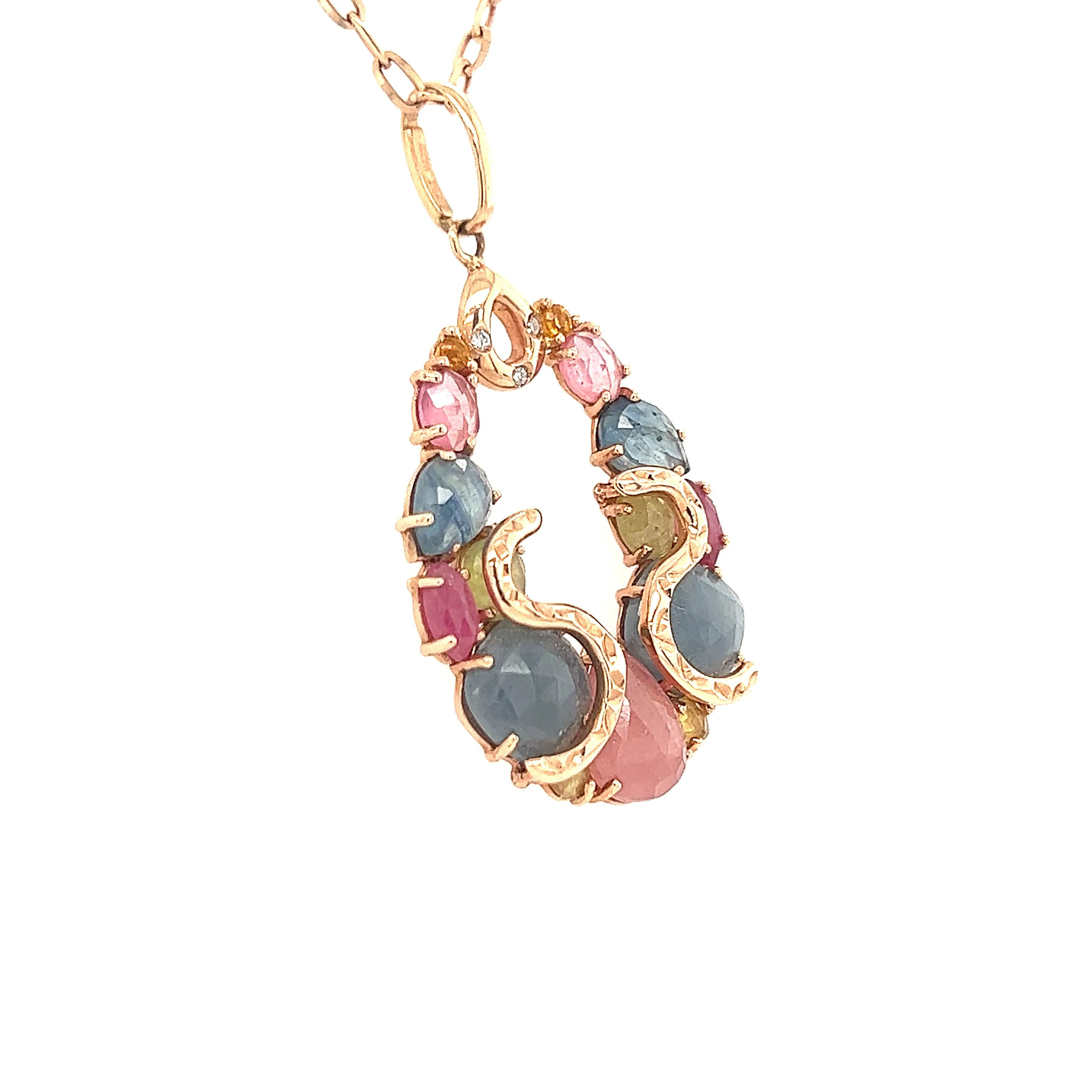17" 14K Rose Gold Sapphire Pendant Necklace With Diamond