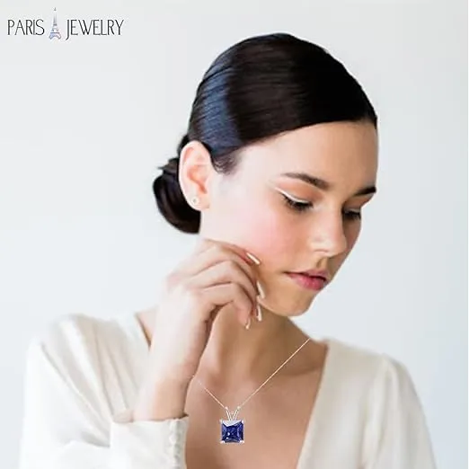 18K White Gold 2 Carat Created Blue Sapphire Princess Stud Necklace Plated 18 inch