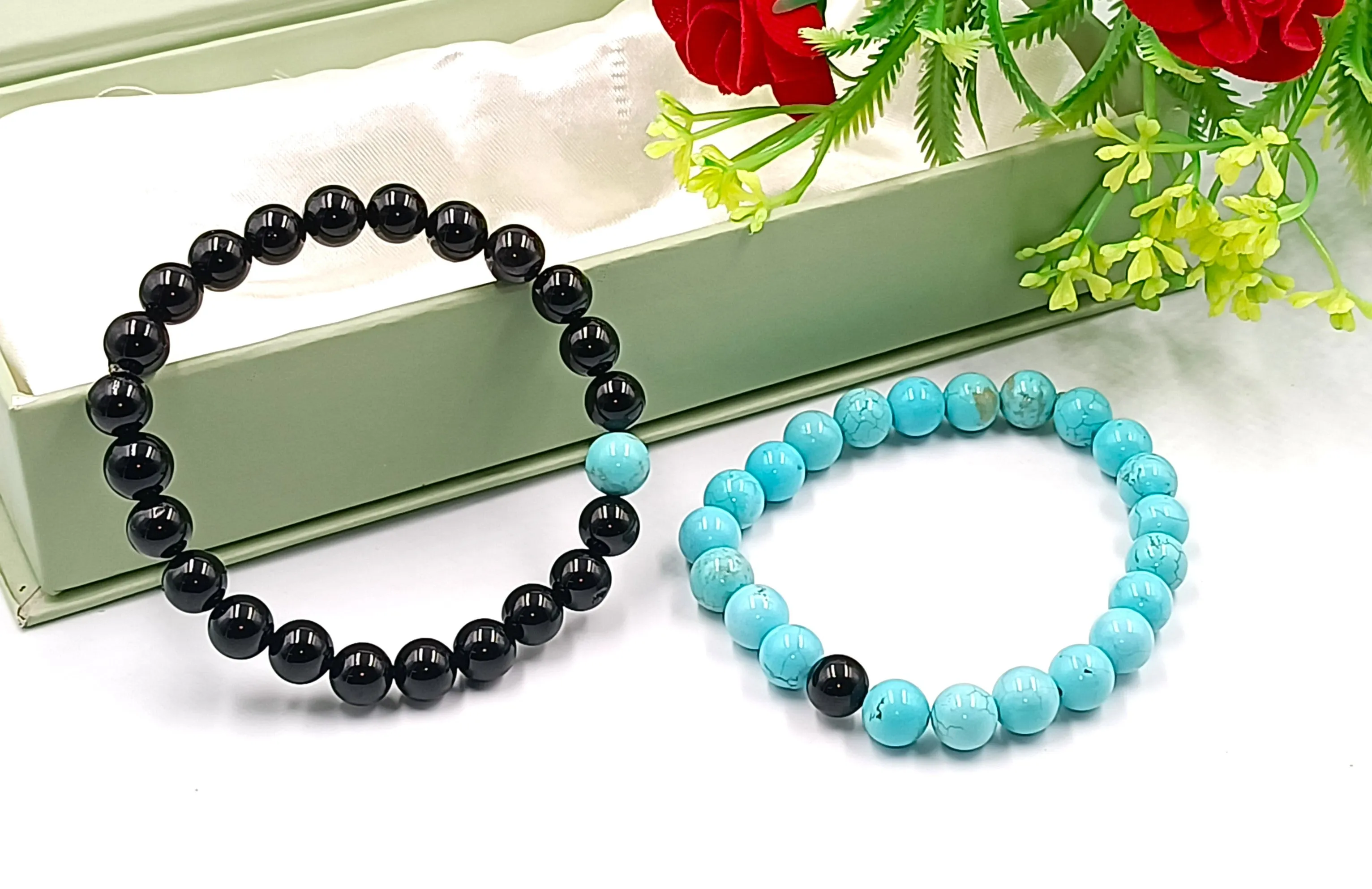 Black Tourmaline and Turquoise Couple Bracelet