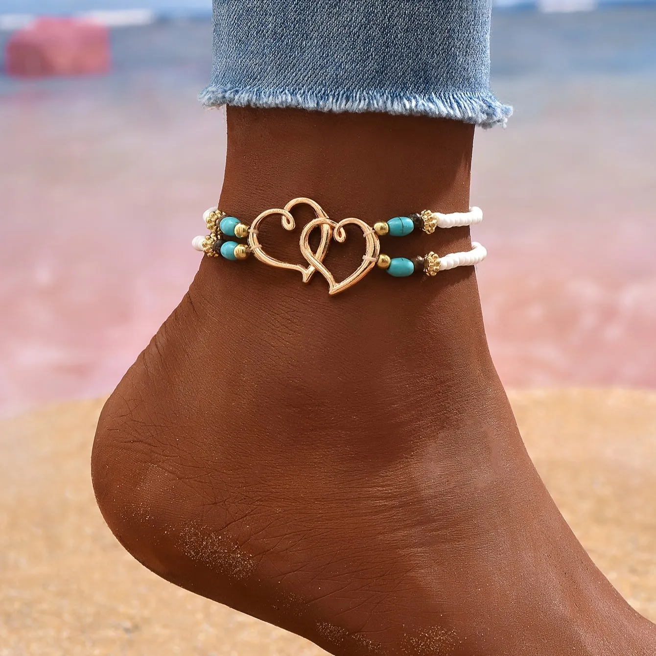 Double Layer Heart Anklet with Rice Beads for Women