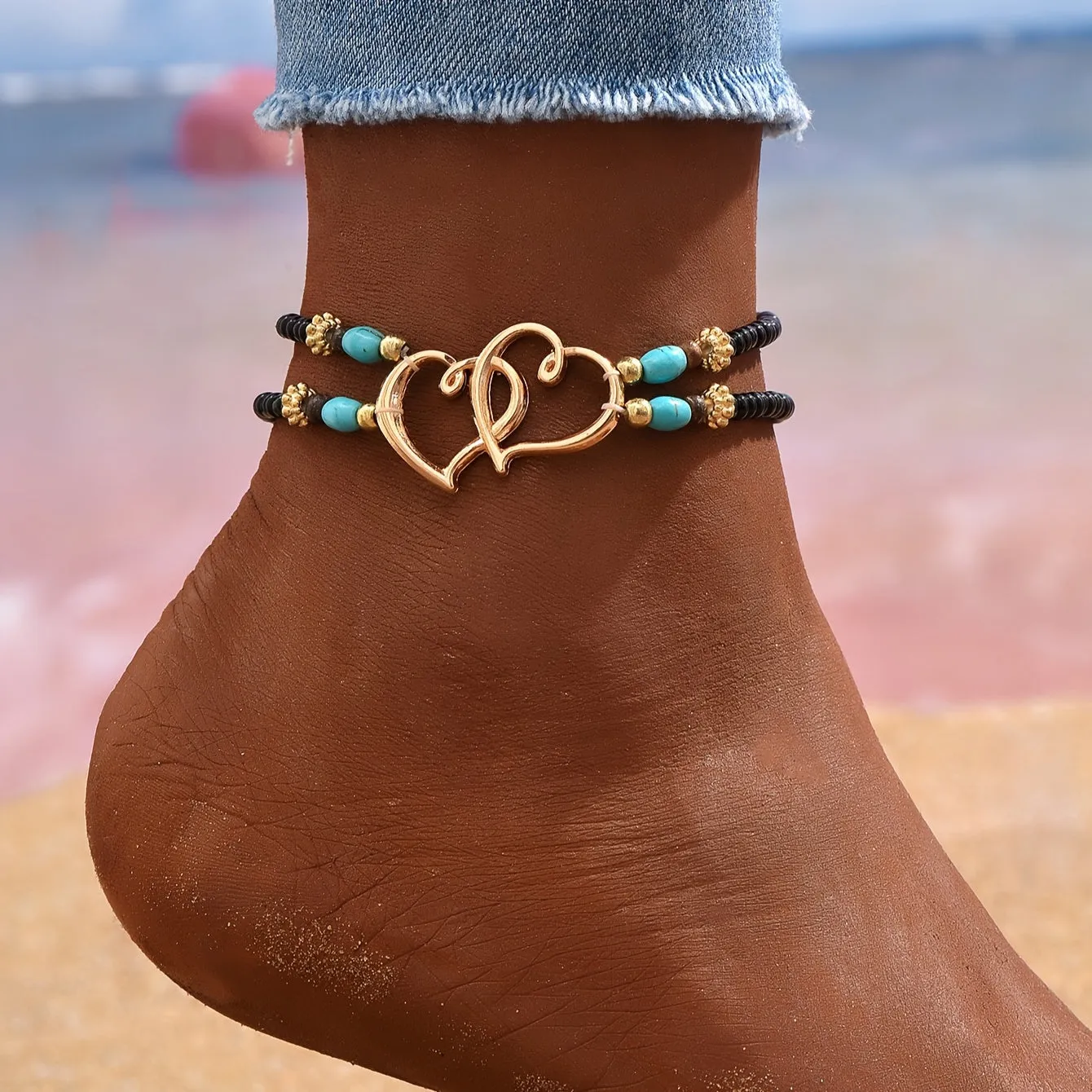 Double Layer Heart Anklet with Rice Beads for Women