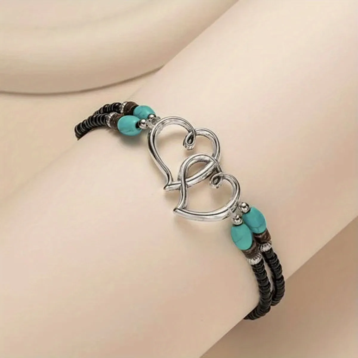 Double Layer Heart Anklet with Rice Beads for Women