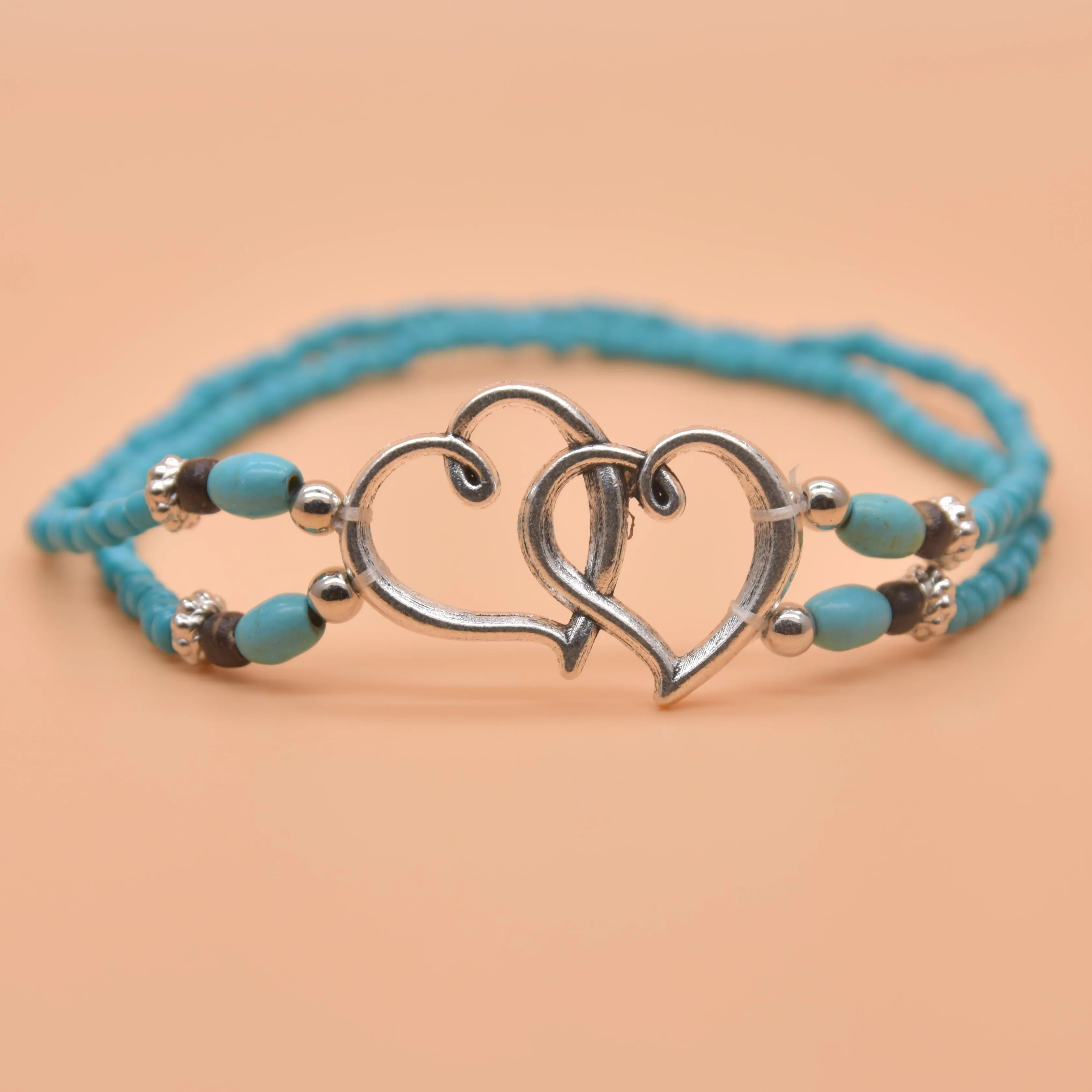 Double Layer Heart Anklet with Rice Beads for Women