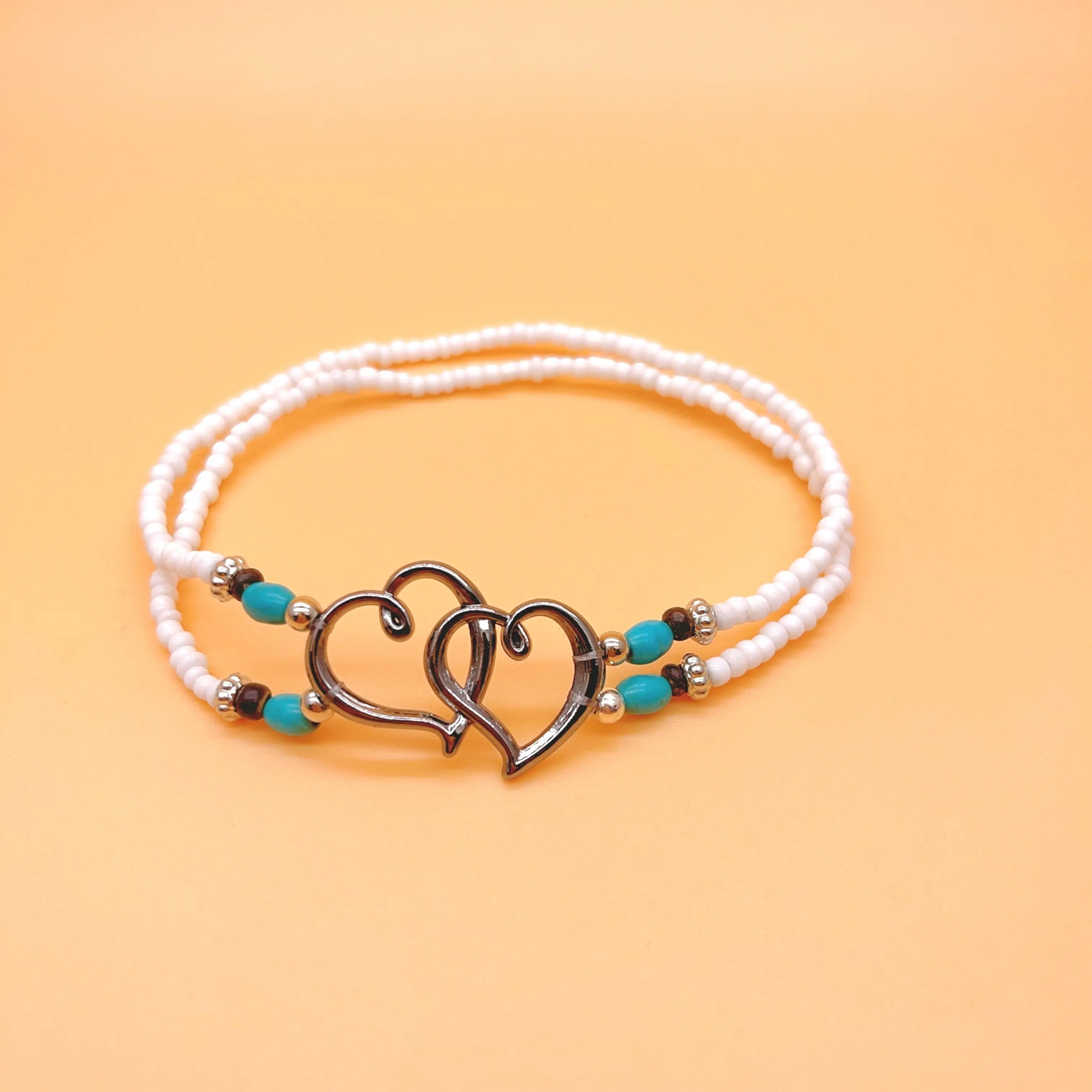 Double Layer Heart Anklet with Rice Beads for Women
