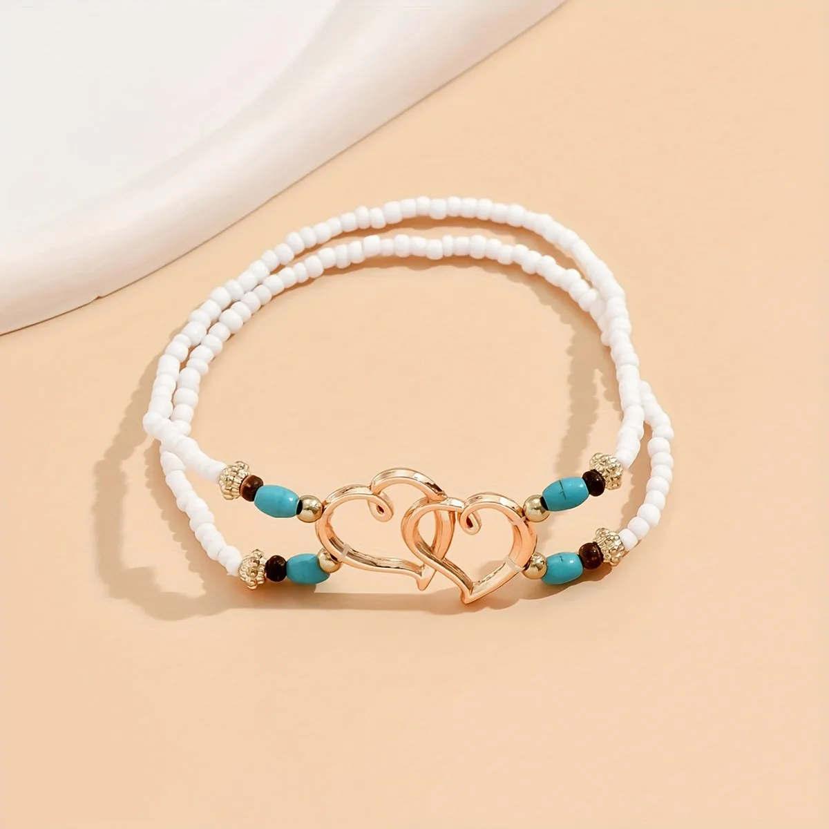 Double Layer Heart Anklet with Rice Beads for Women