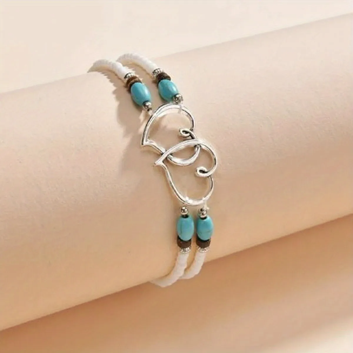 Double Layer Heart Anklet with Rice Beads for Women