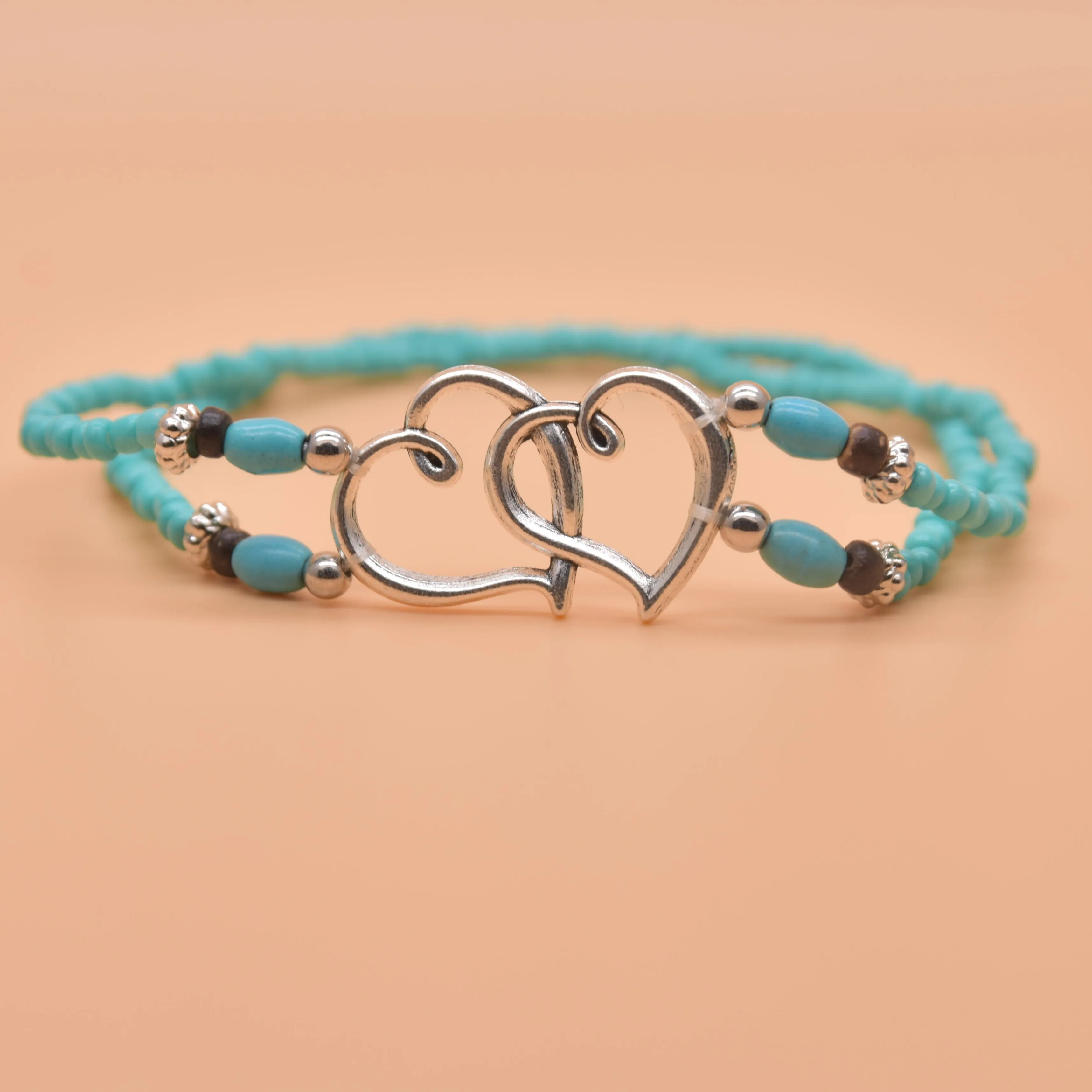 Double Layer Heart Anklet with Rice Beads for Women