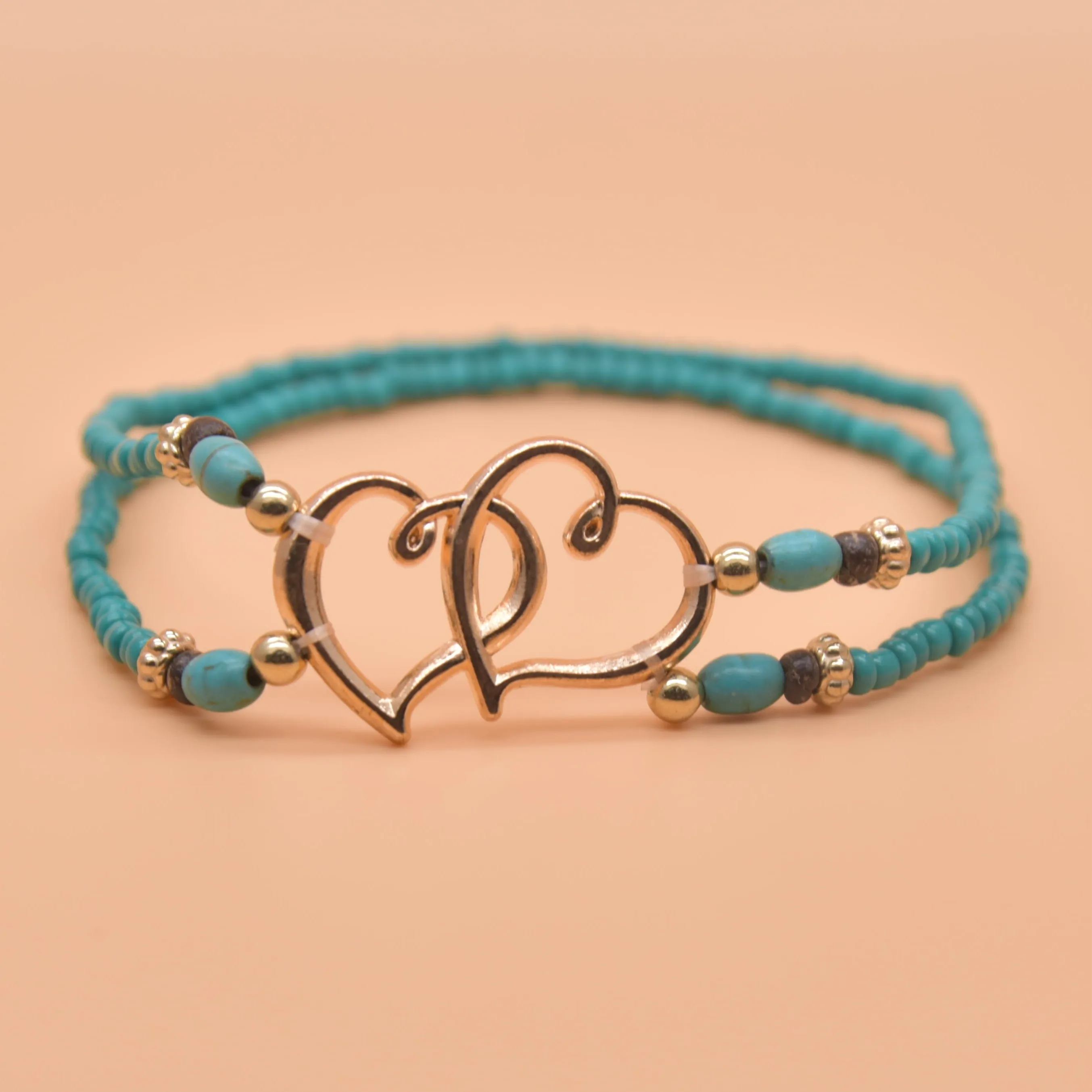 Double Layer Heart Anklet with Rice Beads for Women