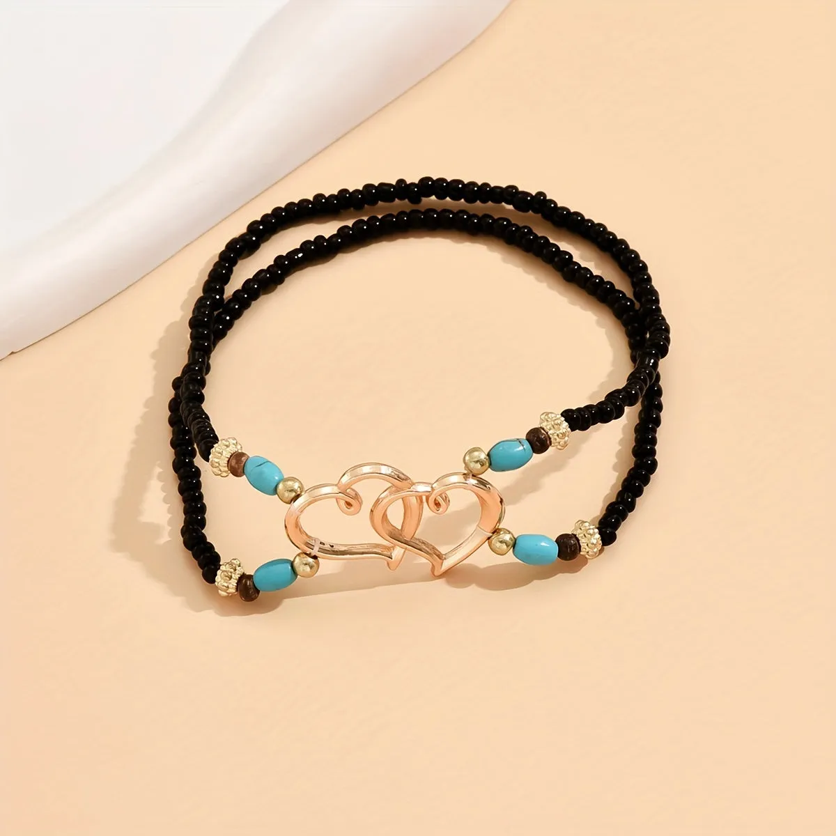 Double Layer Heart Anklet with Rice Beads for Women