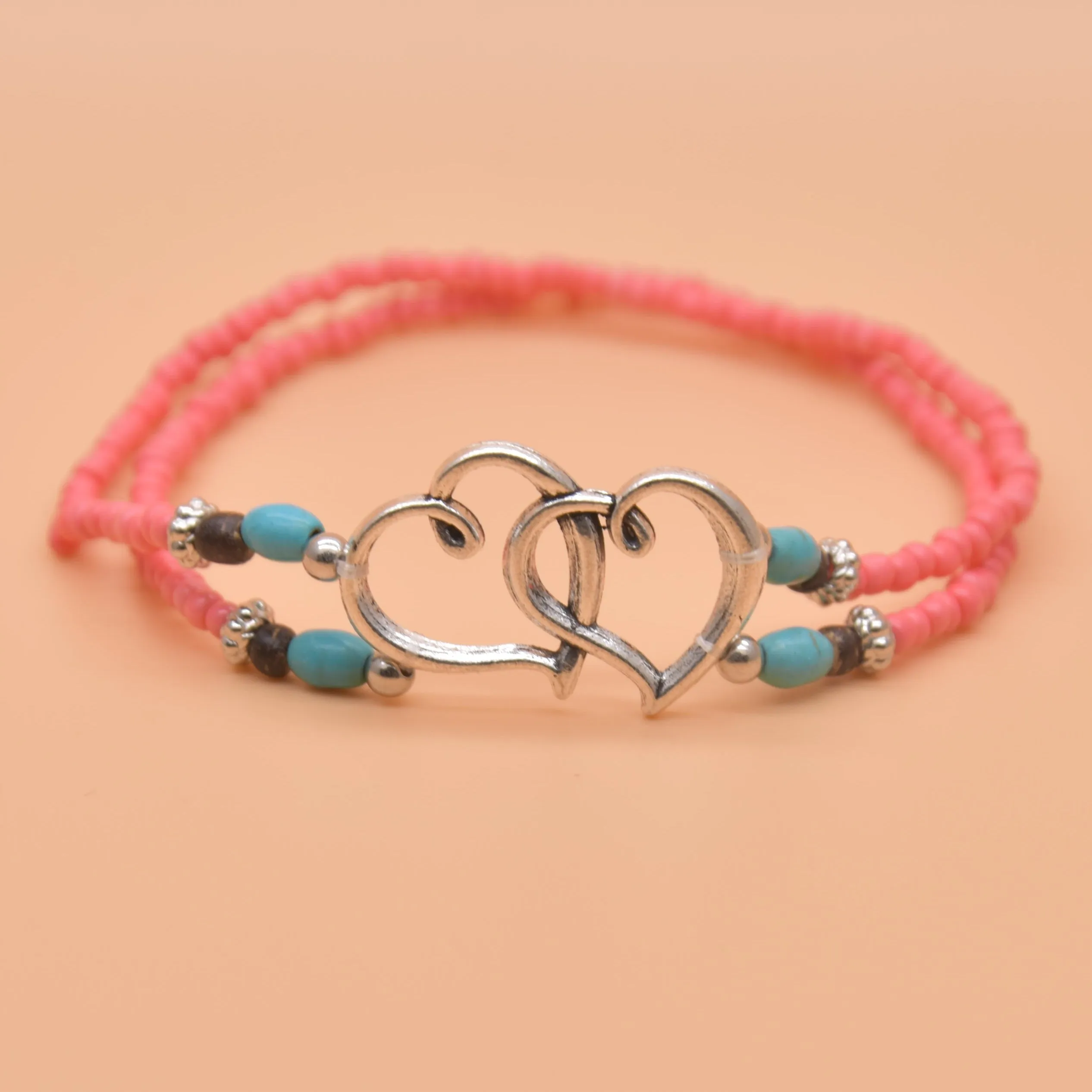 Double Layer Heart Anklet with Rice Beads for Women
