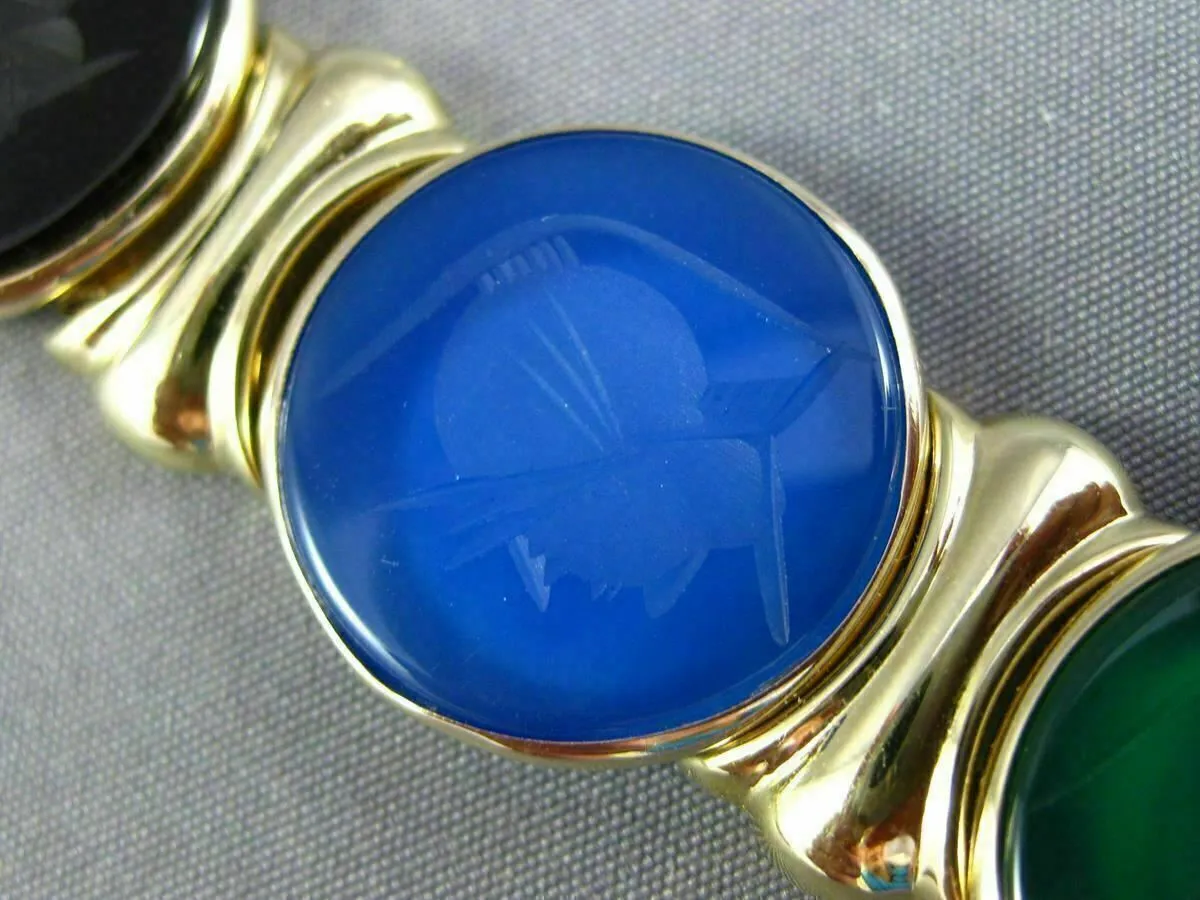 ESTATE WIDE & LONG 14K YELLOW GOLD ROUND MULTI COLOR INTAGLIO CARNELIAN BRACELET