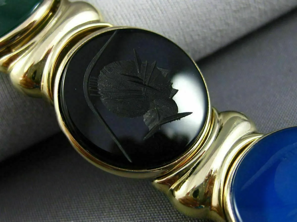 ESTATE WIDE & LONG 14K YELLOW GOLD ROUND MULTI COLOR INTAGLIO CARNELIAN BRACELET