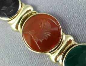 ESTATE WIDE & LONG 14K YELLOW GOLD ROUND MULTI COLOR INTAGLIO CARNELIAN BRACELET