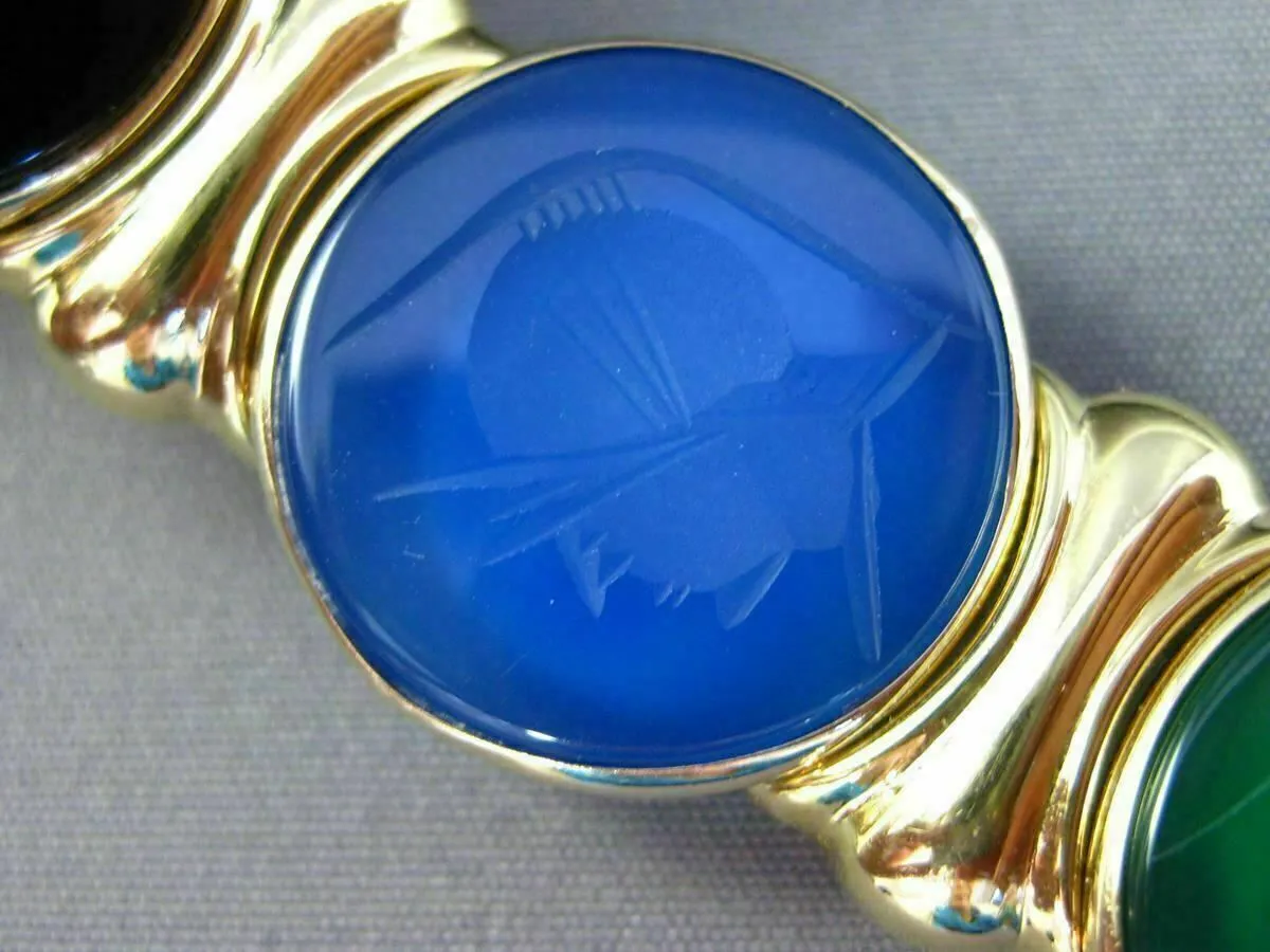 ESTATE WIDE & LONG 14K YELLOW GOLD ROUND MULTI COLOR INTAGLIO CARNELIAN BRACELET