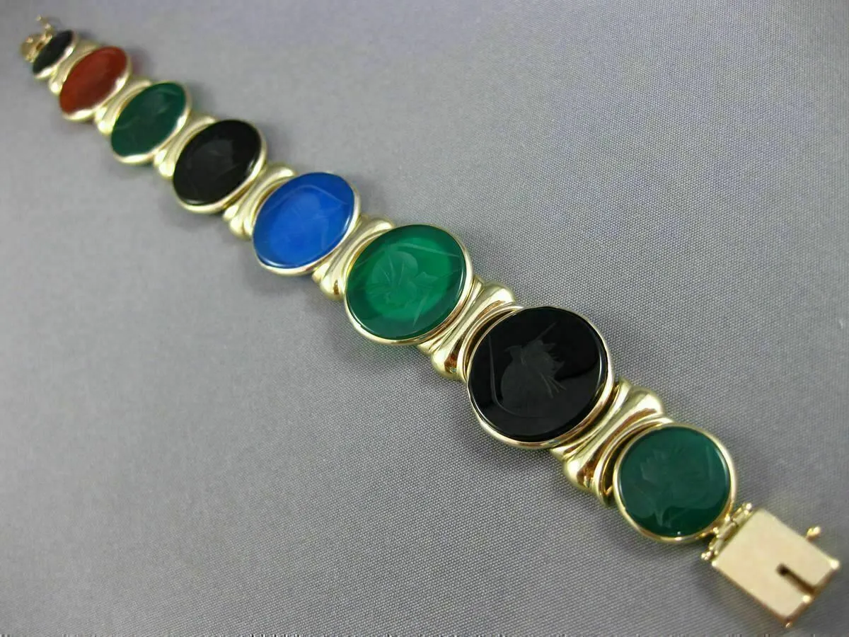 ESTATE WIDE & LONG 14K YELLOW GOLD ROUND MULTI COLOR INTAGLIO CARNELIAN BRACELET