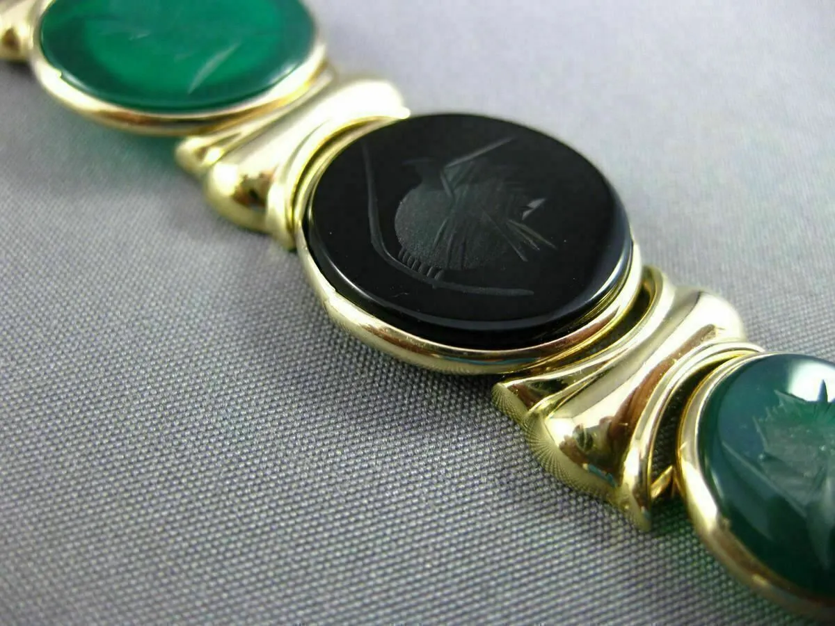 ESTATE WIDE & LONG 14K YELLOW GOLD ROUND MULTI COLOR INTAGLIO CARNELIAN BRACELET