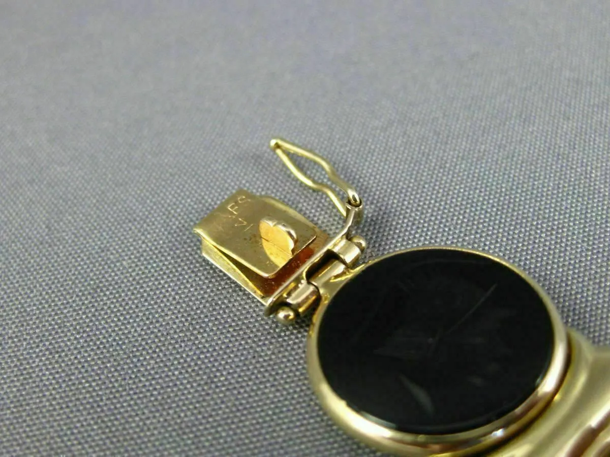 ESTATE WIDE & LONG 14K YELLOW GOLD ROUND MULTI COLOR INTAGLIO CARNELIAN BRACELET