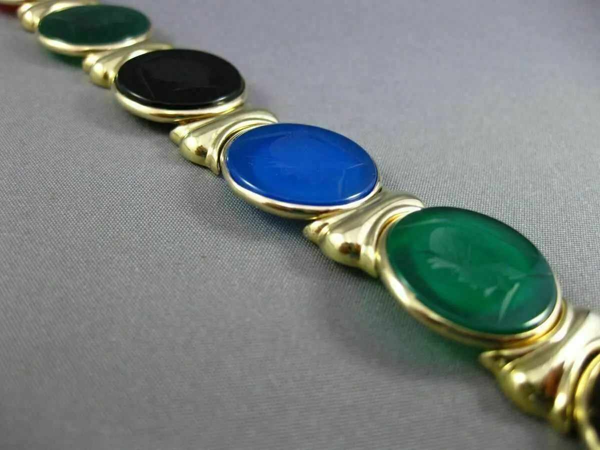 ESTATE WIDE & LONG 14K YELLOW GOLD ROUND MULTI COLOR INTAGLIO CARNELIAN BRACELET