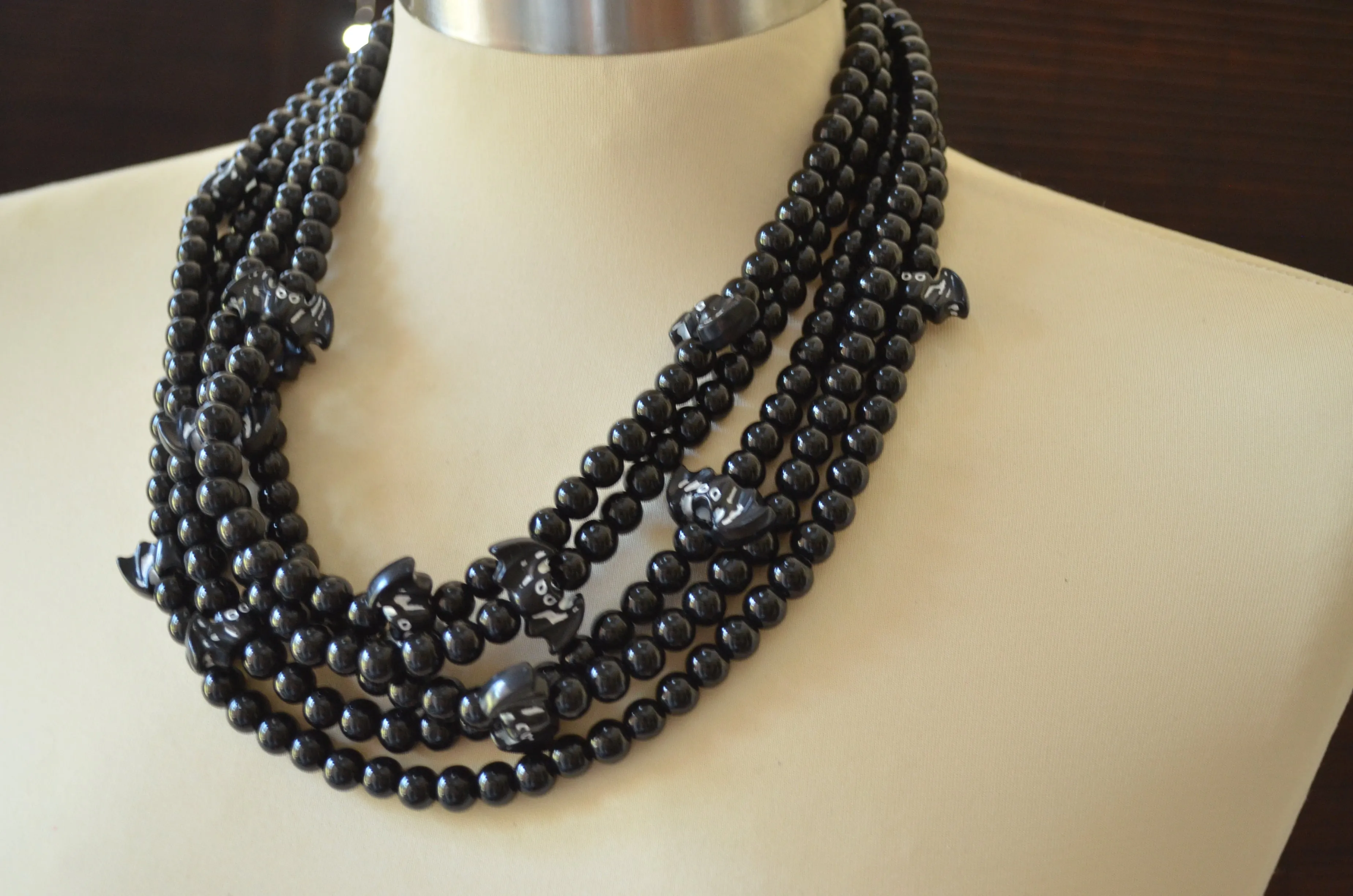 Halloween Black Bat Beaded Chunky Multi Strand Statement Necklace