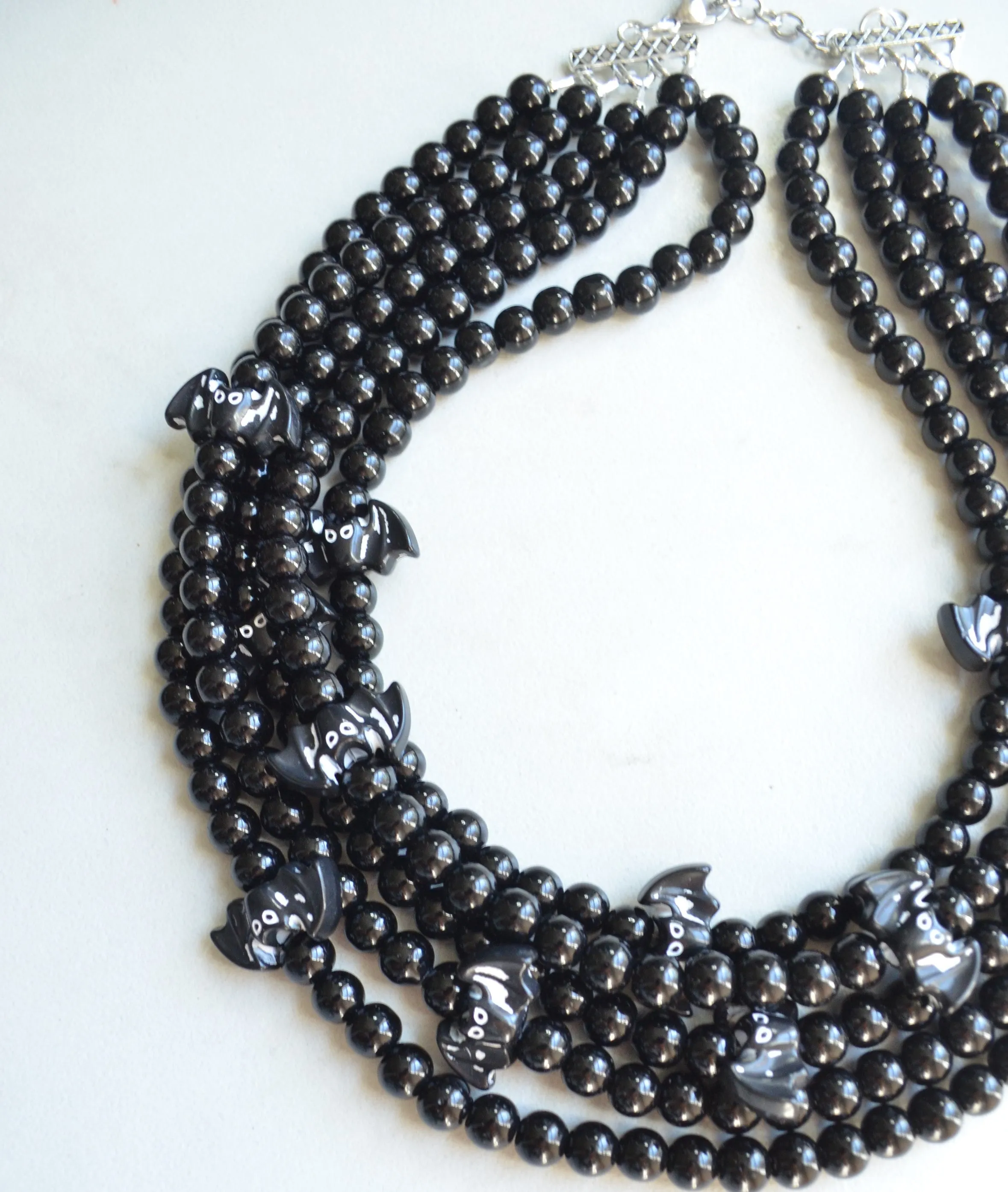 Halloween Black Bat Beaded Chunky Multi Strand Statement Necklace