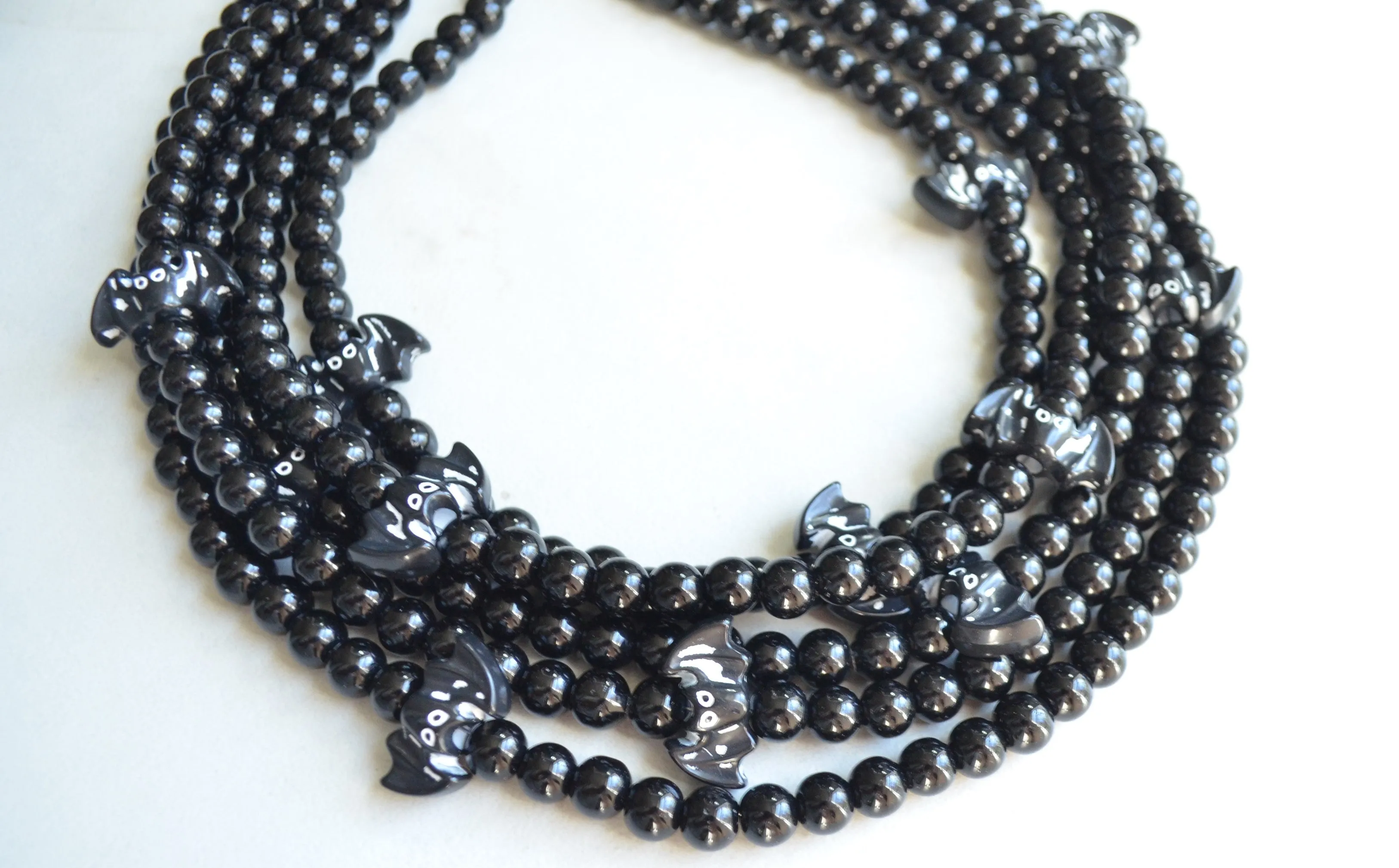 Halloween Black Bat Beaded Chunky Multi Strand Statement Necklace
