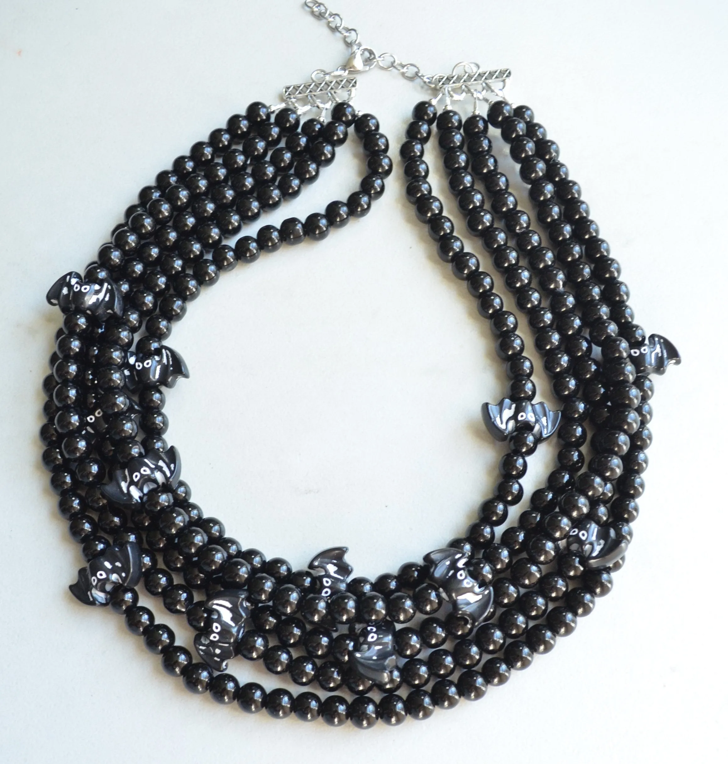 Halloween Black Bat Beaded Chunky Multi Strand Statement Necklace