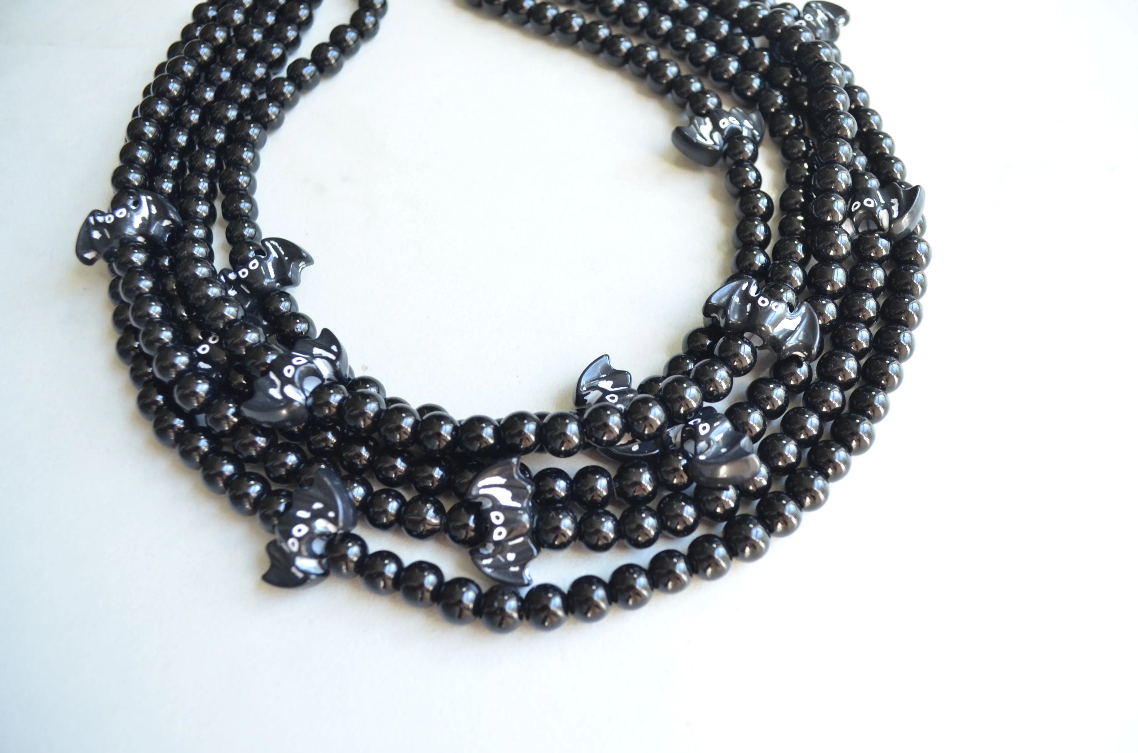 Halloween Black Bat Beaded Chunky Multi Strand Statement Necklace