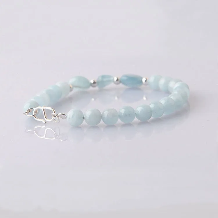 Handmade Aquamarine Silver Beads Bracelets March Birthstone Jewelry Accessories Gift for Women