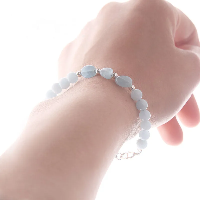 Handmade Aquamarine Silver Beads Bracelets March Birthstone Jewelry Accessories Gift for Women