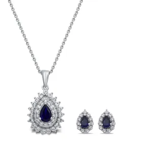 Jewelili Sterling Silver With Created Blue Sapphire and Created White Sapphire Drop Pendant Necklace and Stud Earrings Jewelry Set