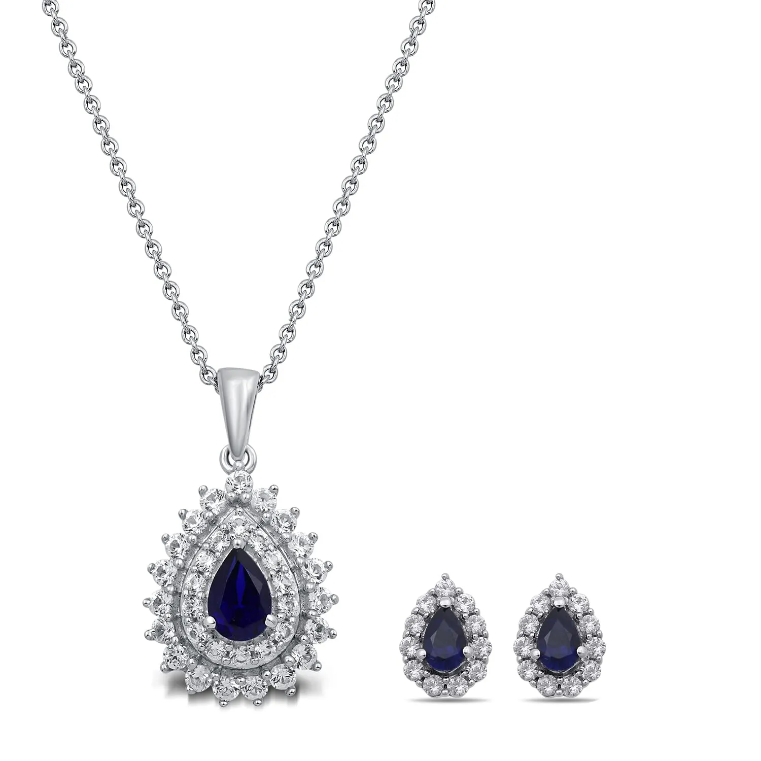 Jewelili Sterling Silver With Created Blue Sapphire and Created White Sapphire Drop Pendant Necklace and Stud Earrings Jewelry Set