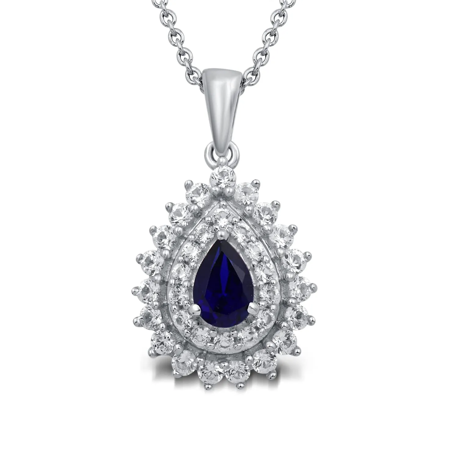 Jewelili Sterling Silver With Created Blue Sapphire and Created White Sapphire Drop Pendant Necklace and Stud Earrings Jewelry Set