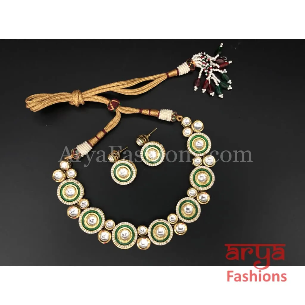 Kundan CZ Necklace with Green Meenakari