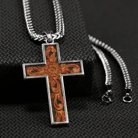 M&F Twister Inlay Cross Silver Necklace