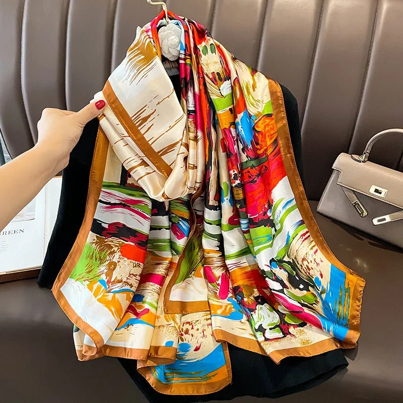 Multicolor Retro Style Women's Satin Silk Scarf