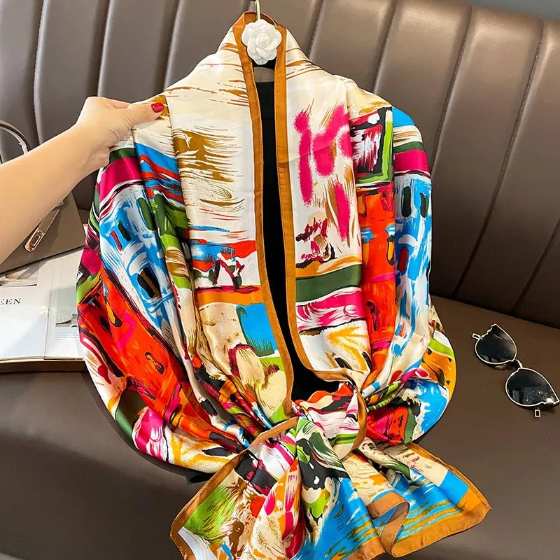 Multicolor Retro Style Women's Satin Silk Scarf