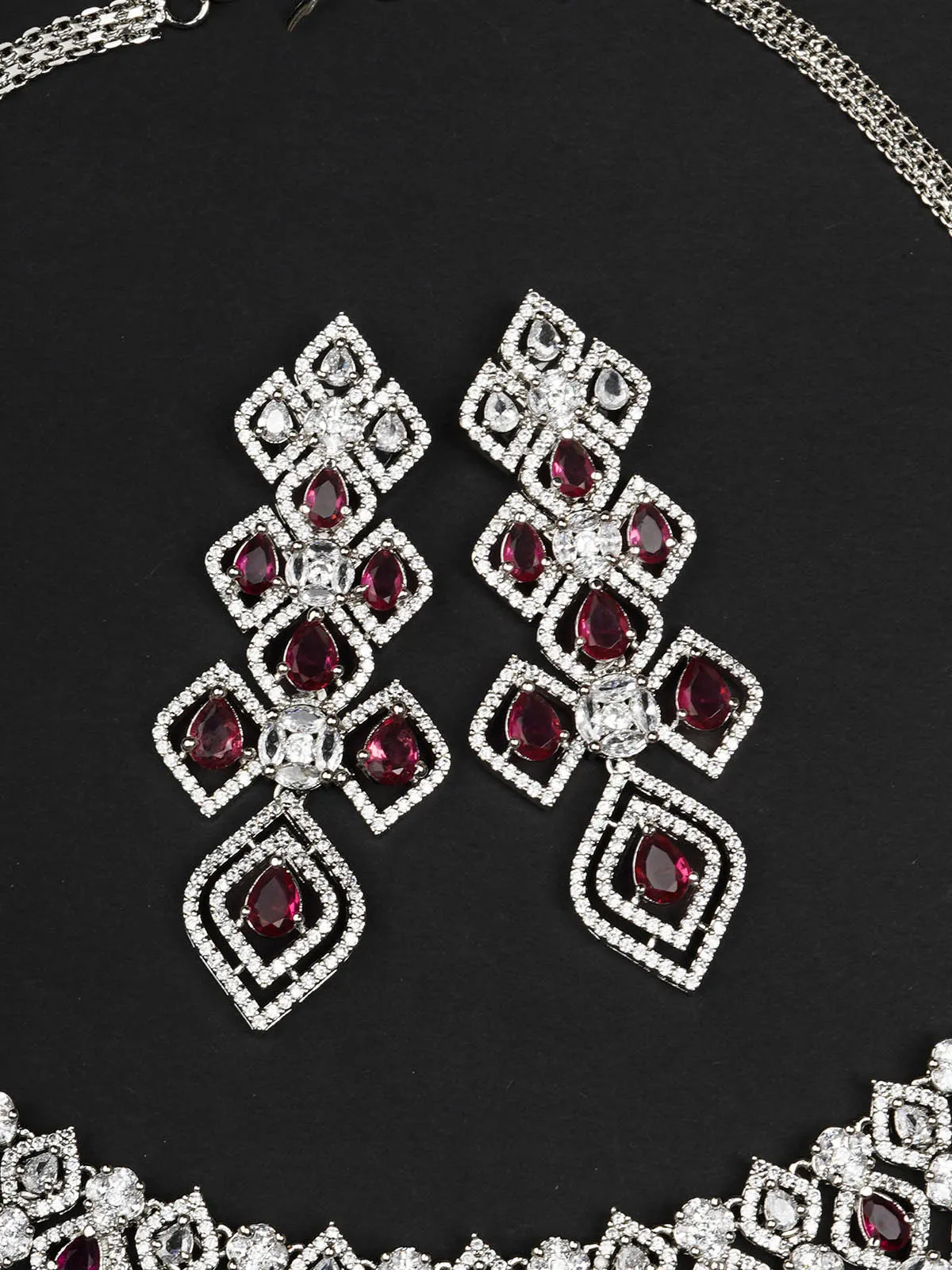 Pink Color Silver Plated Faux Diamond Bridal Necklace Set - CZSET323P
