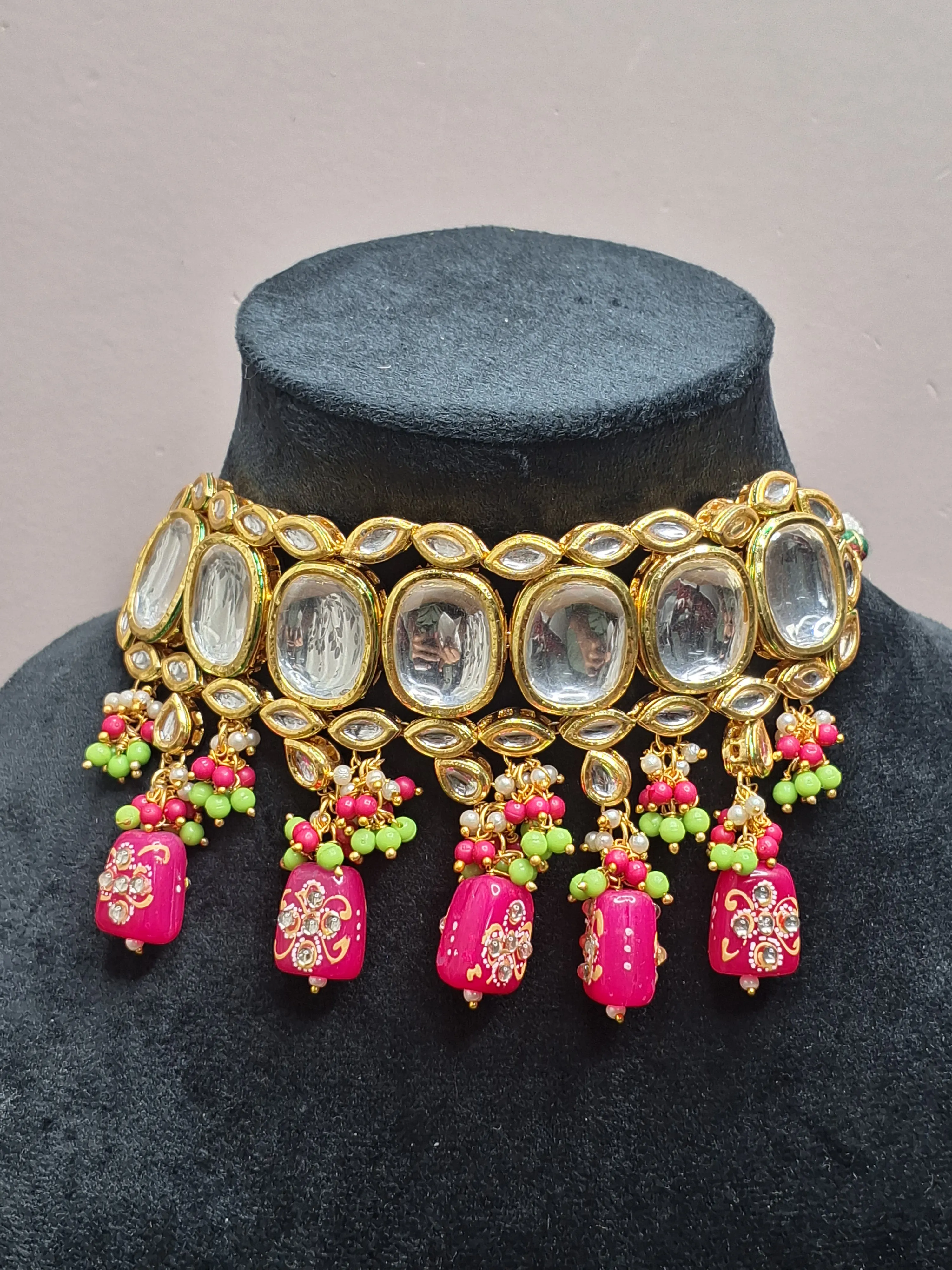 Pink Colour Gold Plated Kundan Necklace with Earring