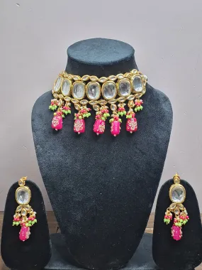 Pink Colour Gold Plated Kundan Necklace with Earring