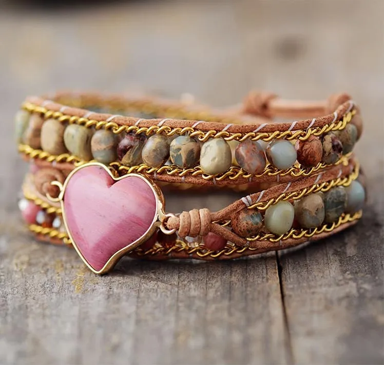 Pink Rhodonite Stone 3X Wrap Bracelet