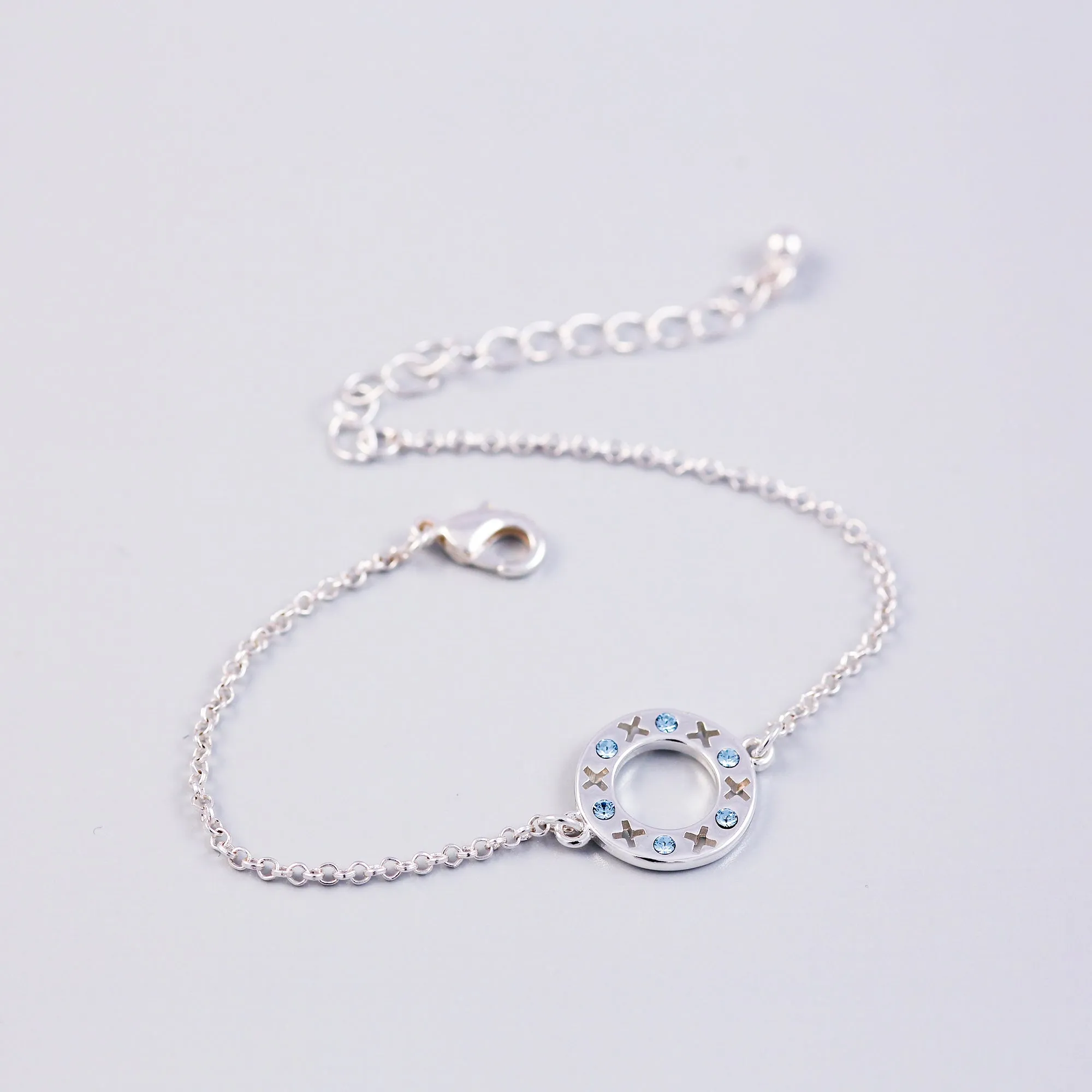 Silver Aquamarine March Birthstone XOXO Circle Bracelet