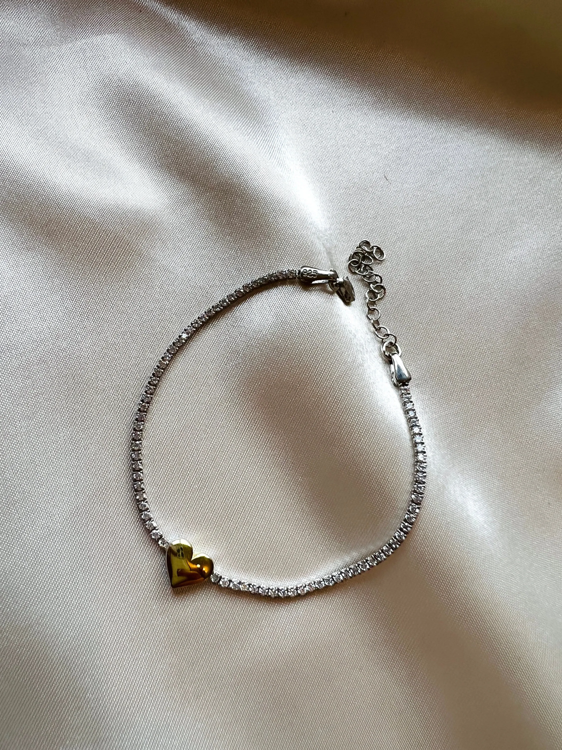 Silver CZ Tennis Bracelet| Dainty Bracelet| Heart Shape Charm Tennis Bracelet| Gold Tenis Bracelet| Cubic Zirconia Tennis Bracelet in Silver
