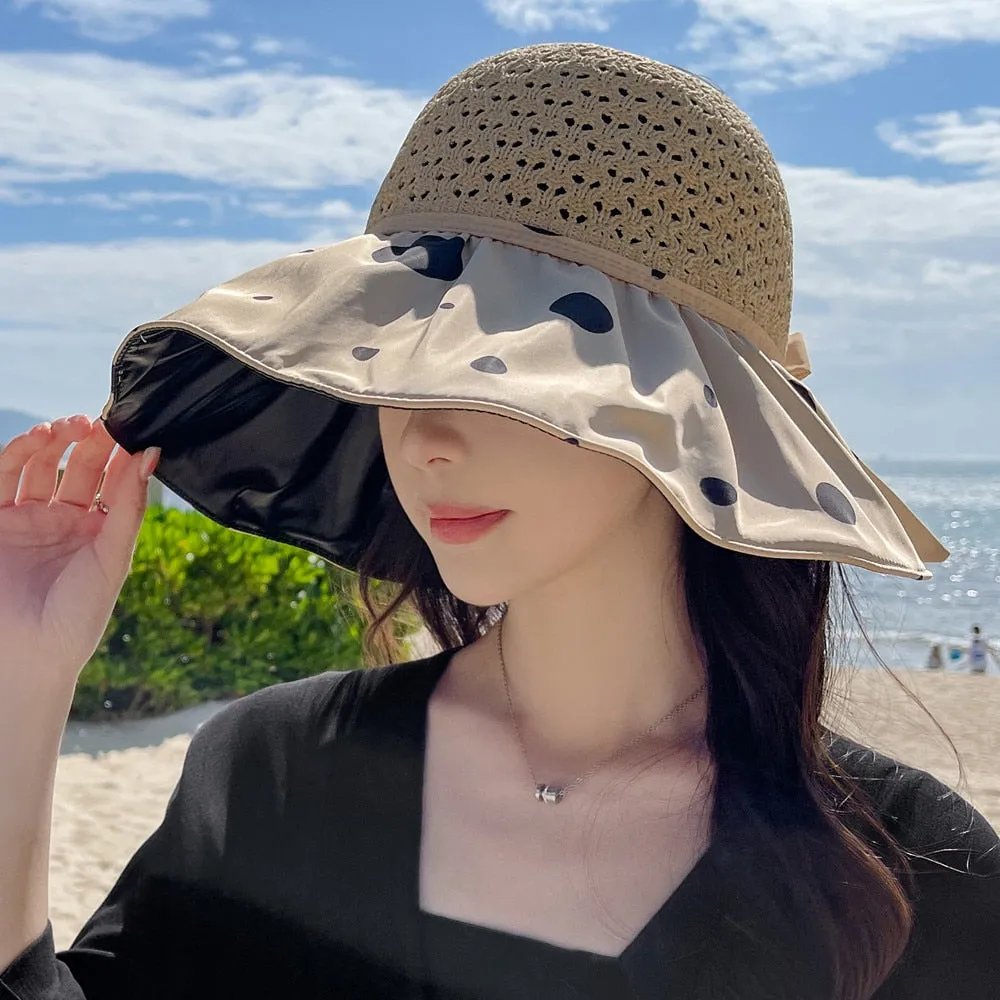 Summer Hats For Women Fashion Polka Dot Pattern Design Straw Hat  Empty Top Sun Hat Travel Beach Hat