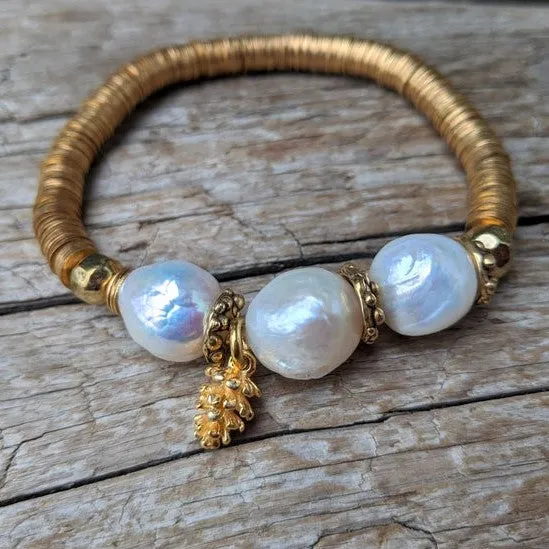 Three Large White Pearls Elastic Bracelet with Pine Cone Charm