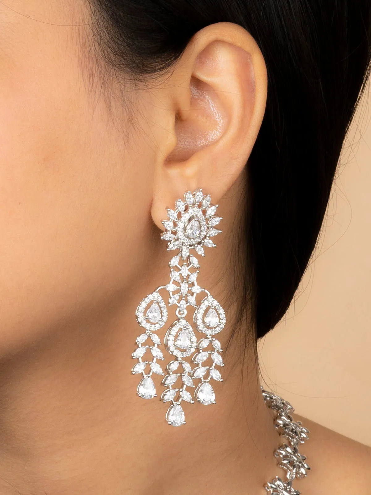 White Color Silver Plated Faux Diamond Bridal Necklace Set - CZSET302