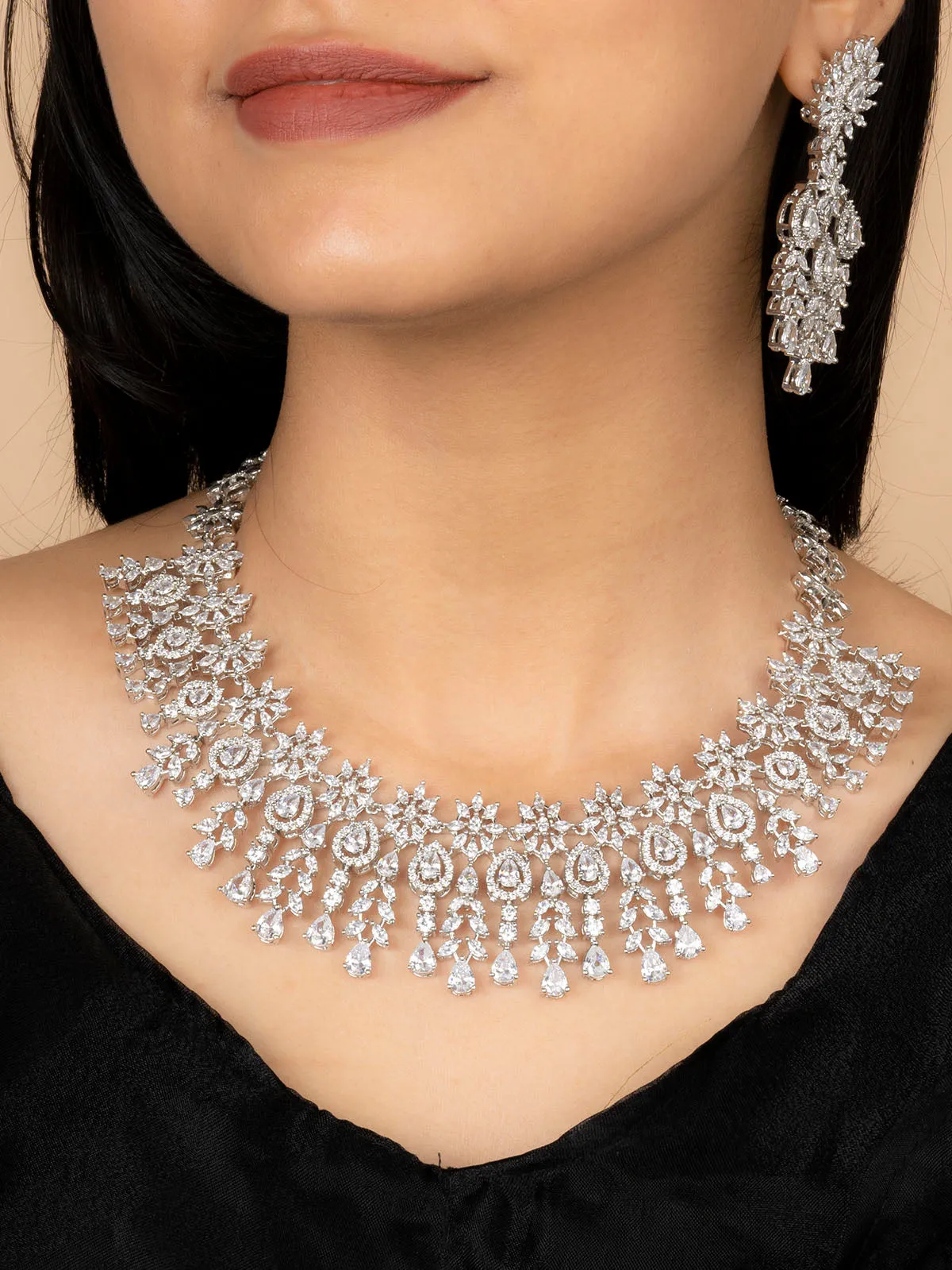 White Color Silver Plated Faux Diamond Bridal Necklace Set - CZSET302
