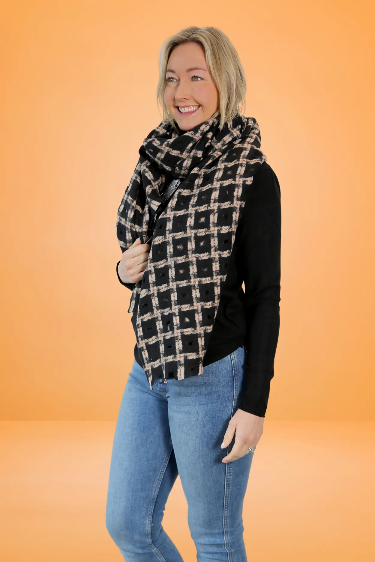 Wool and Cashmere Scarf in Black Punched Check